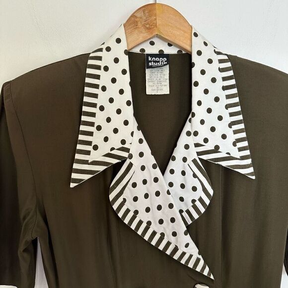 Knapp Studio Vintage Mod 1970s Women’s Olive Double Breasted Polka Dot Contrasti - Picture 5 of 12